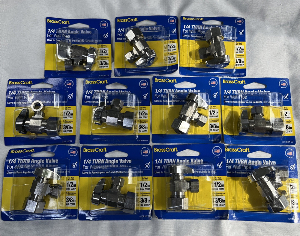 11-pk BrassCraft 1/4-Turn Angle Valve for Wall Pipe 1/2" NOM COMP, 3/8" OD COMP